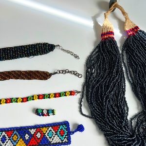 Beaded necklace, choker, bracelet, ring